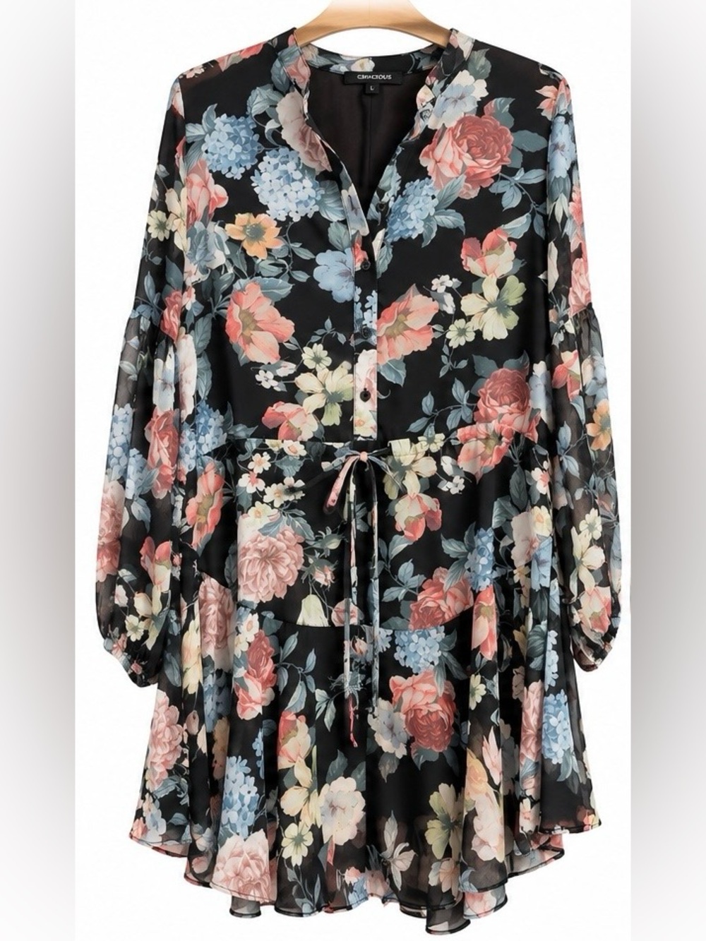 Olivaceous Black Floral Tie-Waist Sheer Dress